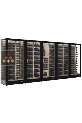 Combiné de 5 vitrines à vin professionnelles multi-usages - 3 cotés vitrés - Bouteilles horizontales/inclinées/mixte - Habillage magnétique interchangeable