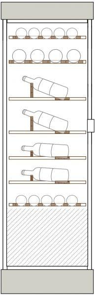 Clayettes bois de haut en bas : Magnums et bouteilles 75cl horizontaux parallèles aux portes sur 1 et 2 niveaux, puis bouteilles 75cl, simple profondeur, en présentation inclinée sur 2 niveaux, puis perpendiculaire aux portes sur 2 niveaux.